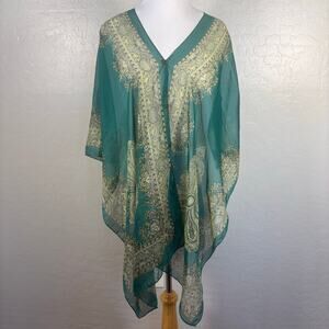 Teal Paisley Sheer Chiffon Kimono Poncho Cover Up One Size Boho Festival